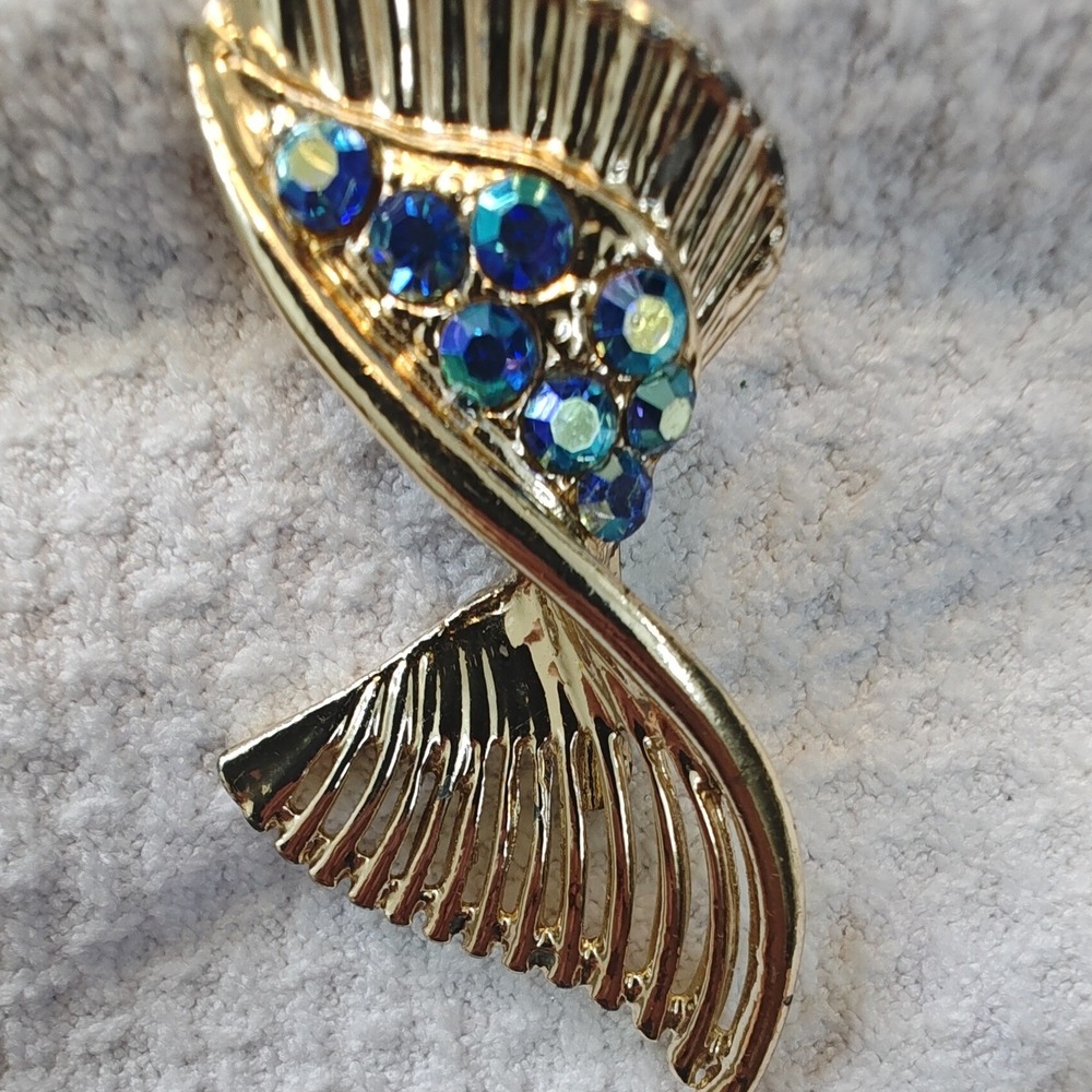 Brooch Gold Teal Blue AB Rhinestone Abstract Wing Fan Vintage Style Pin